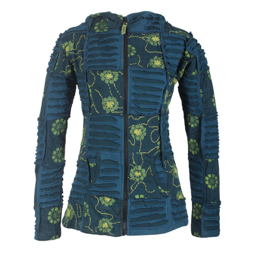 Vishes - Bestickte Damen Blumen Patchworkjacke Hoodie aus Baumwolle mit Zipfelkapuze türkis 32