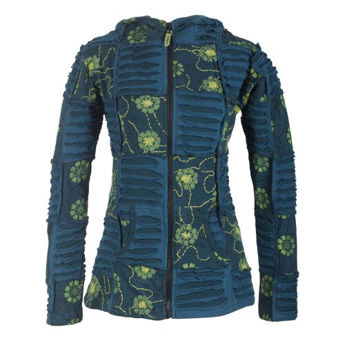Vishes - Bestickte Damen Blumen Patchworkjacke Hoodie aus Baumwolle mit Zipfelkapuze türkis 42