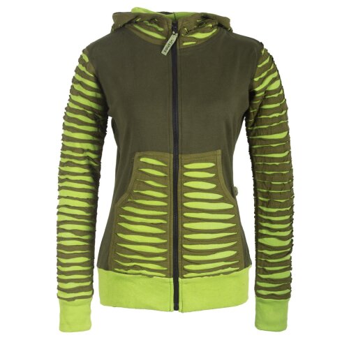 Vishes Gestreifte Damen Patchworkjacke Kapuzenjacke Hoodie Baumwolle mit Cutwork olive 38