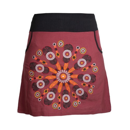 Vishes Damen Baumwoll-Rock mit großer Mandala-Blume hand-bedruckt und bestickt dunkelrot 42