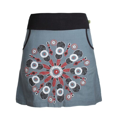 Vishes Damen Baumwoll-Rock mit großer Mandala-Blume hand-bedruckt und bestickt grau 42