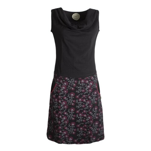 Vishes Damen Baumwoll-Kleid mit Blumen-Muster, Wasserfall-Kragen und Taschen schwarz 40