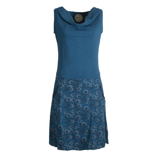 Vishes Damen Baumwoll-Kleid mit Blumen-Muster, Wasserfall-Kragen und Taschen türkis 46-48