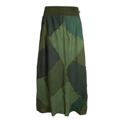 Vishes Langer Weiter Damen Patchwork-Rock - Handgewebte Baumwolle - Leinen-Optik olive 36