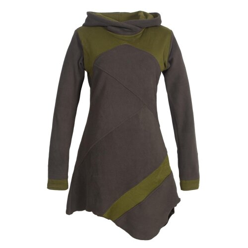 Vishes Asymmetrisches Patchwork Langarm Damen Winterkleid aus Recycling-Fleece olive 44-46