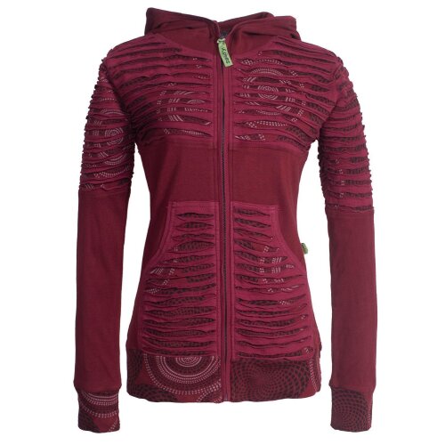 Vishes Damen Hoodie Kapuzenjacke Baumwolle Gestreift Mandala Cutwork Patchwork dunkelrot 46