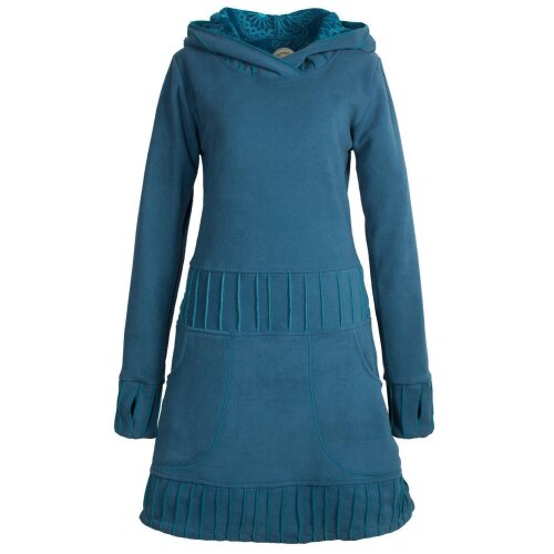 Vishes Langärmliges Patchwork Hoodie Eco Damen Fleecekleid mit Daumenlöchern türkis 48