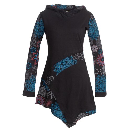 Vishes Asymmetrisches Langarm Damen Baumwoll Blumen-Kleid mit Kapuze schwarz 42