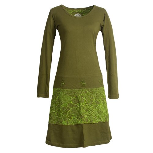 Vishes Damen Lagenlook Langarm Baumwollkleid mit Blumen-Spitze bedruckt olive 36