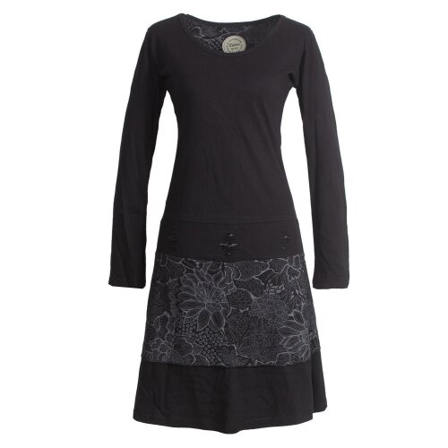 Vishes Damen Lagenlook Langarm Baumwollkleid mit Blumen-Spitze bedruckt schwarz 48