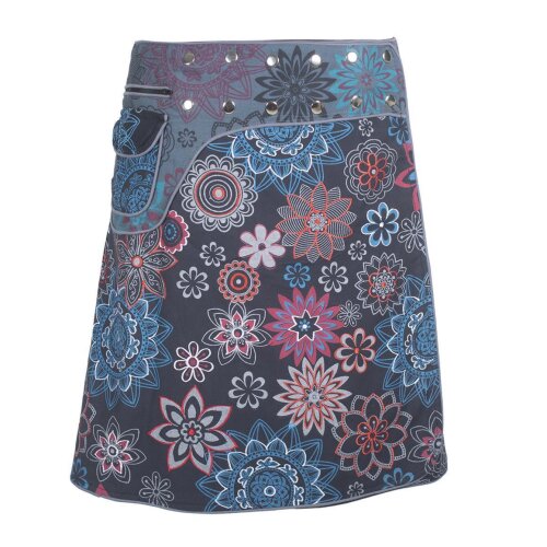 Damen Wickel-Rock Bedruckt Bestickt Blumen Mandala Gürtel-Tasche schwarz-grau 42-50