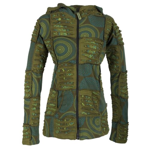 Vishes Kurze Leichte Damen Patchworkjacke aus Baumwolle mit Zipfelkapuze und Cutwork olive 52