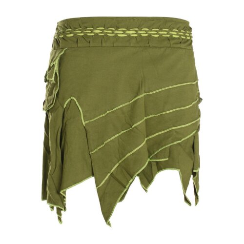 Vishes Damen Goa Elfenrock Zipfelrock Baumwollrock Rock Patchwork Seitentasche olive 44