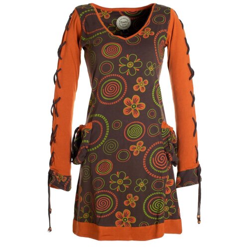 Vishes Langarm Damen Shirt Kleid Blumenkleid Hippie Bedruckt 70er 80er braun 40-42