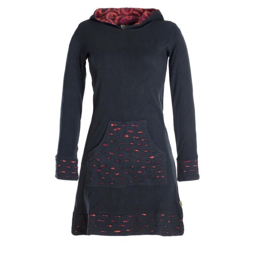 Vishes - Damen Kapuzenkleid Sweatkleid Hoodie-Kleid Langarm Baumwollkleid mit Kapuze Cutwork schwarz-dunkelrot 48