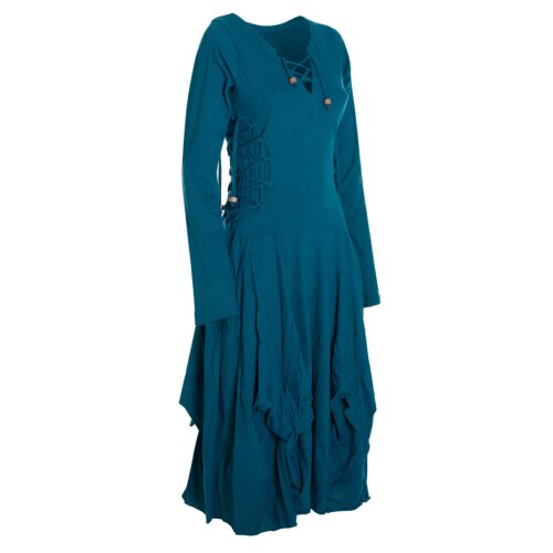 Vishes Langes Langarm Damen Kleid Bio-Baumwolle Einfarbig mit Schnürung V-Ausschnitt türkis 44-46