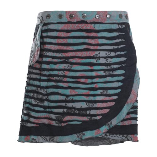 Vishes A Line Damen Wickelrock Kurzrock Mini Hippie Blumen Knöpfe Baumwolle grau-schwarz 42-50