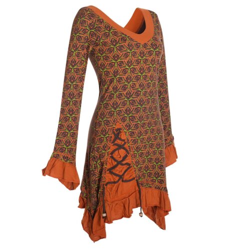 Langarm Damen Kleid Zipfelkleid Bedruckt Asymmetrisch mit Rüschen Volant braun 44