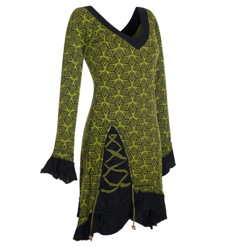 Langarm Damen Kleid Zipfelkleid Bedruckt Asymmetrisch mit Rüschen Volant olive 46