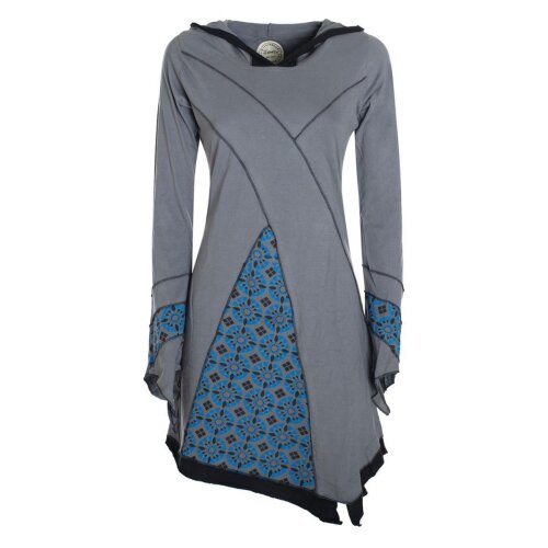 Vishes Langarm Damen Elfen Zipfelkleid Patchworkkleid Zipfelige Elfentunika Lagenlook Bedruckt grau 36