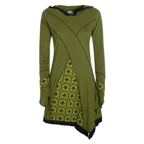 Vishes Langarm Damen Elfen Zipfelkleid Patchworkkleid Zipfelige Elfentunika Lagenlook Bedruckt olive 34-36