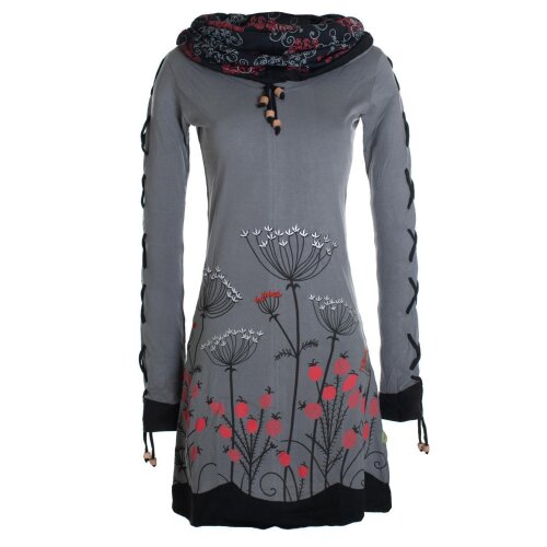 Vishes Damen Blumenkleid Langarm-Shirtkleid Schalkragen Baumwollkleid grau 48