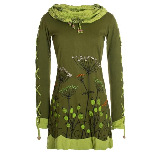 Vishes Damen Blumenkleid Langarm-Shirtkleid Schalkragen Baumwollkleid olive 42