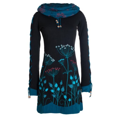 Vishes Damen Blumenkleid Langarm-Shirtkleid Schalkragen Baumwollkleid schwarz 46