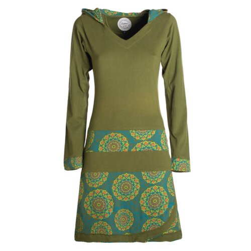 Vishes - Long Hoodie Kleid Damen mit Kapuze Langarm Kleider Kapuzenkleid olive 36