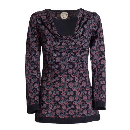 Vishes - Damen Langarm-Shirt Blümchen-Bluse Baumwollshirt Wasserfall-Kragen
