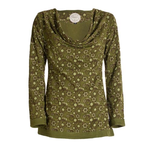 Vishes - Damen Langarm-Shirt Blümchen-Bluse Baumwollshirt Wasserfall-Kragen olive 38