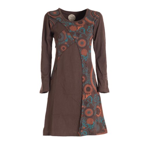 Vishes Damen Mandala Kleid Blumenkleid Langarm Rundhals Baumwollkleid braun 42
