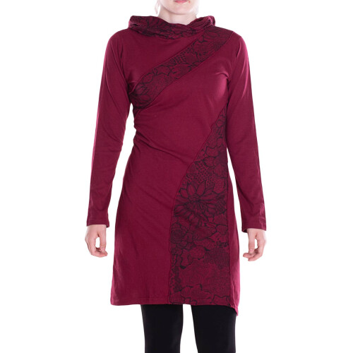 Vishes - Damen Spitzen-Kleid Blumen-kleid Lang-arm Rundhals Kapuzenkleid-er dunkelrot 46-48