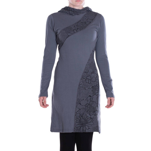 Vishes - Damen Spitzen-Kleid Blumen-kleid Lang-arm Rundhals Kapuzenkleid-er grau 34