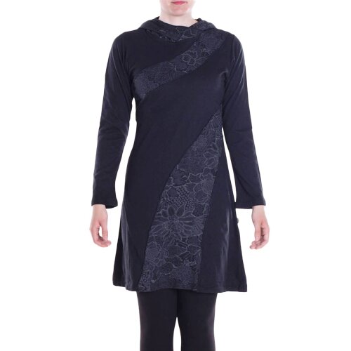 Vishes - Damen Spitzen-Kleid Blumen-kleid Lang-arm Rundhals Kapuzenkleid-er schwarz 36