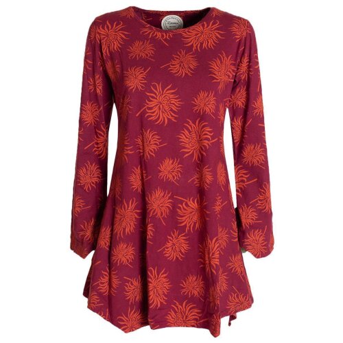 Vishes - Langarm Damen Blumen-Tunika Shirt-Kleid Glockenärmel Baumwolle dunkelrot 44
