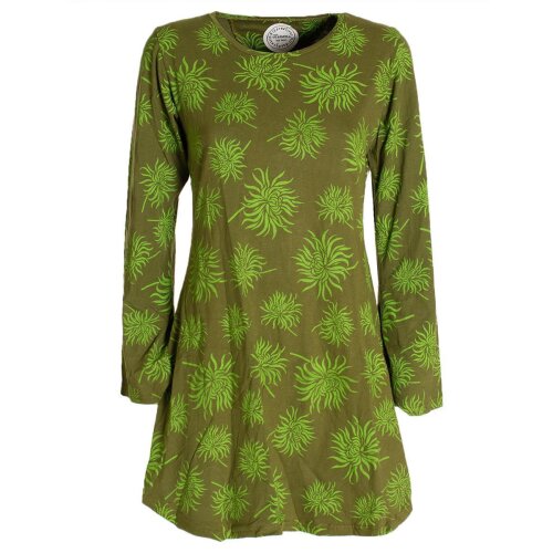 Vishes - Langarm Damen Blumen-Tunika Shirt-Kleid Glockenärmel Baumwolle olive 40