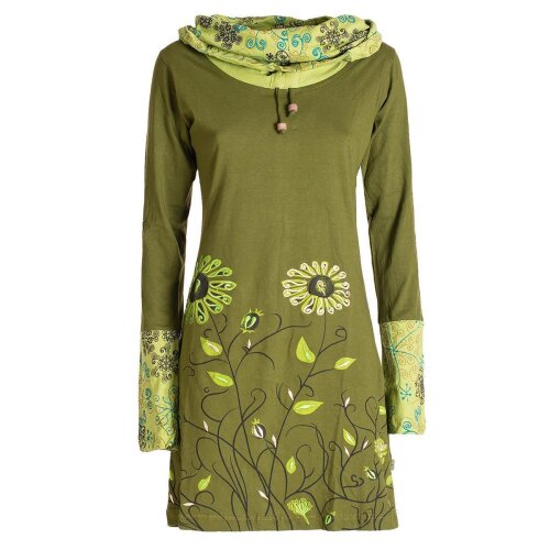 Vishes - Damen Blumen-Kleid Langarm-Shirtkleid Schal-Kleid Baumwollkleid olive 38