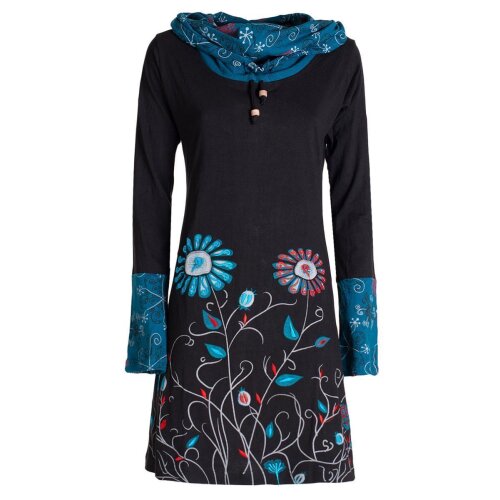 Vishes - Damen Blumen-Kleid Langarm-Shirtkleid Schal-Kleid Baumwollkleid schwarz 48