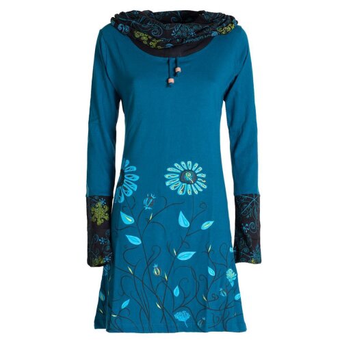 Vishes - Damen Blumen-Kleid Langarm-Shirtkleid Schal-Kleid Baumwollkleid türkis 42