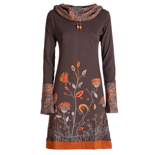 Vishes - Damen Blumen-Kleid Langarm-Shirtkleid Schal-Kragen Baumwollkleid braun 38