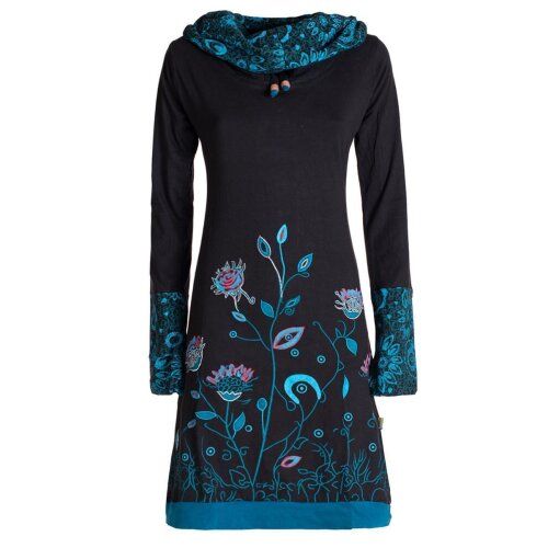 Vishes - Damen Blumen-Kleid Langarm-Shirtkleid Schal-Kragen Baumwollkleid schwarz 36