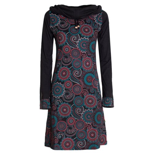 Vishes - Damen Lang-arm Kleid Schal-Kleid Winterkleider Baumwollkleid schwarz 40