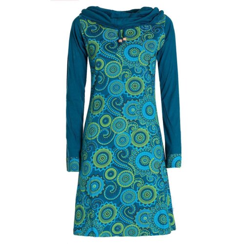 Vishes - Damen Lang-arm Kleid Schal-Kleid Winterkleider Baumwollkleid türkis 38