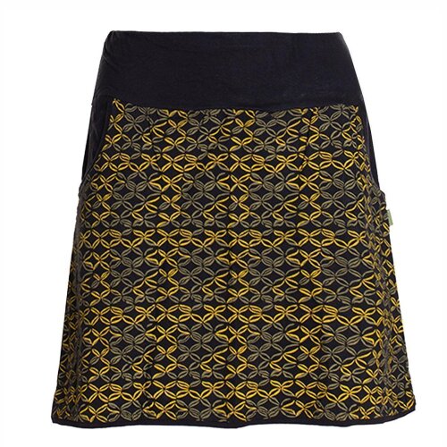 Vishes Kurzer Damen Baumwoll-Rock mit Facetten Bedruckt mit Taschen schwarz-gelbgrün 44