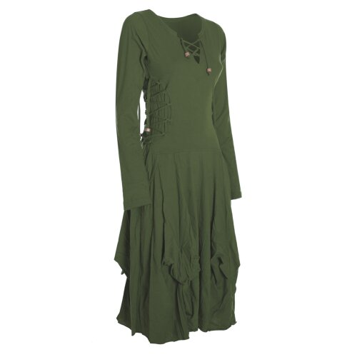 Vishes Langes Langarm Damen Kleid Bio-Baumwolle Einfarbig mit Schnürung V-Ausschnitt olive 38-40