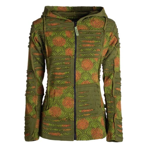 Vishes - Damen Patchwork Jacke Blumen-Sweatjacke Hippie-Jacke Kapuzenjacke olive 36/38