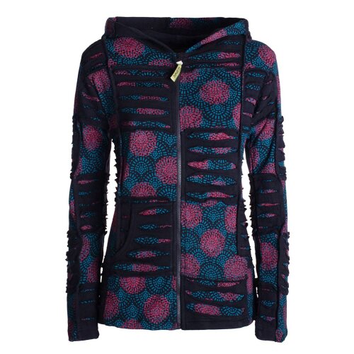 Vishes - Damen Patchwork Jacke Blumen-Sweatjacke Hippie-Jacke Kapuzenjacke schwarz-dunkelrot 40