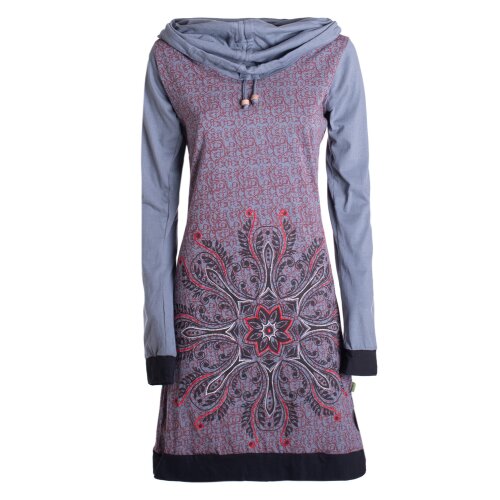 Vishes - Damen Schal-Kragen Mandala-Kleid Langarm-Shirtkleid Baumwollkleid grau 34-36