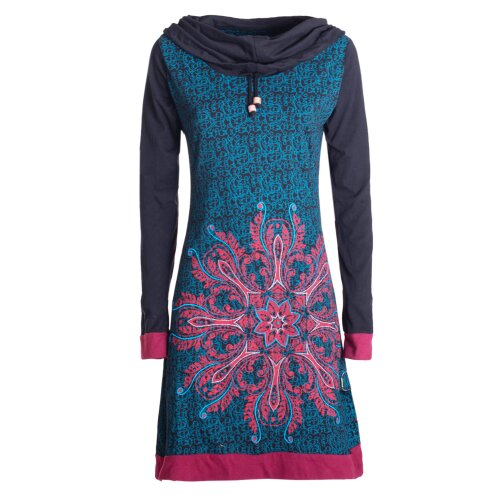 Vishes - Damen Schal-Kragen Mandala-Kleid Langarm-Shirtkleid Baumwollkleid schwarz 38